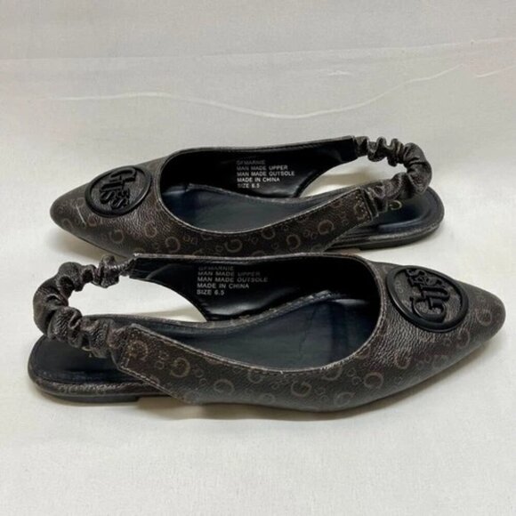 Guess GFMarnie Slingback Flats Women's 6.5 Brown Black Logo Pointed Toe Shoes - Picture 2 of 16
